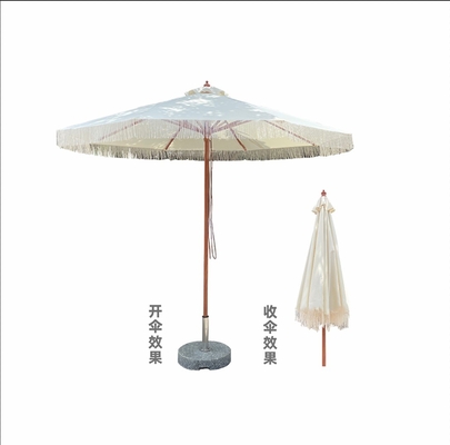 Tejido a mano Tassel Columna exterior Paraguas recto con marco de aluminio de grano de madera